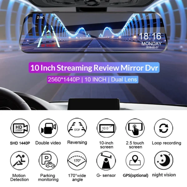 E-ACE 2.5K Mirror Camera For Car Touch Screen Video Recorder Rearview Mirror Dashcam 1440P GPS Wifi 24H Parking DVR Black Box